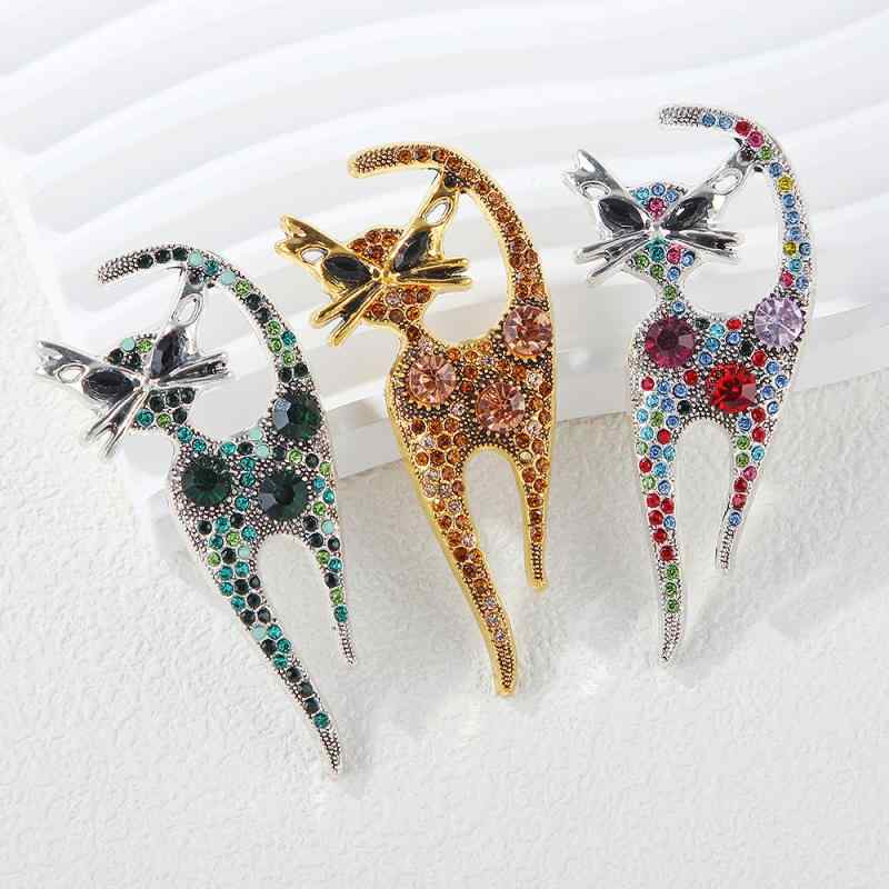 ブローチ 男女兼用 欧米風 レトロ かわいい 子猫 ネコモチーフ ラインストーン 煌めく 輝き 合金製 襟元アクセサリー ラペルピン おしゃれ 普段使い お出かけ フォーマル カジュアル グリーン シャンパンゴールド マルチカラー