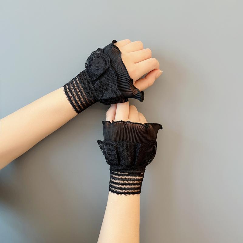 付け袖 レディース 女性用 韓国風 重ね着風 レース 刺繍 透かし編み フリル 二重カフス アクセサリー エレガント フェミニン ファッション小物 白 黒