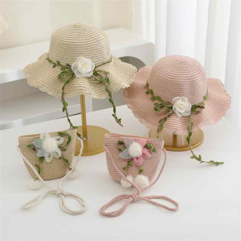 麦わら帽子 バッグ 女の子 親子 レディース つば広 UVカット 日よけ ビーチ リゾート 旅行 お出かけ 春夏 おしゃれ かわいい 通気性 防水 鞄 アイボリー カーキ ピンク ベージュ グリーン