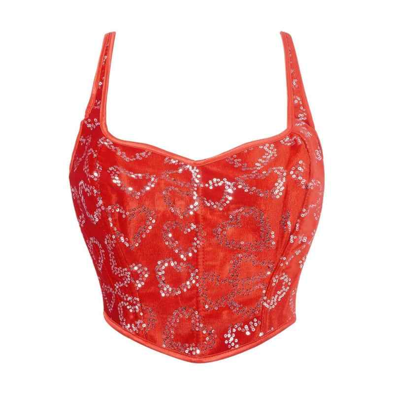 ビスチェ レディース レッド スパンコール ボーン入り コルセット 寄せ上げ ウエストシェイプ ボディメ..