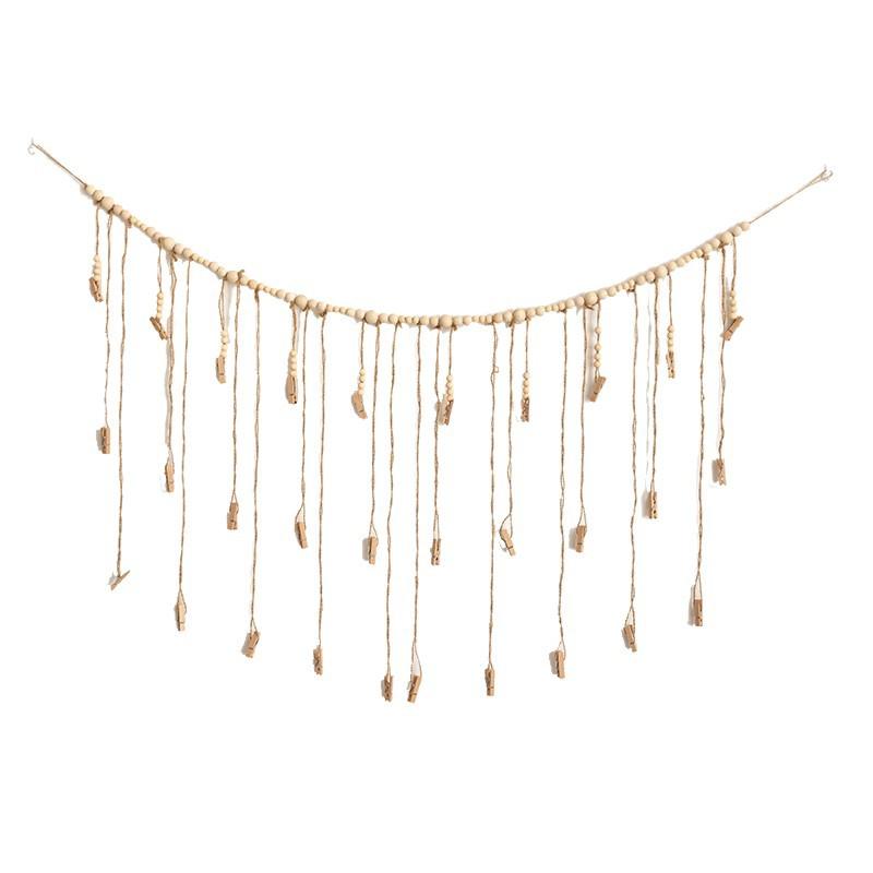 ウォールデコレーション 穴開け不要 壁掛け フォトガーランド 麻紐 木製ビーズ クリップ 写真収納 ディスプレイ 北欧風 おしゃれ インテリア