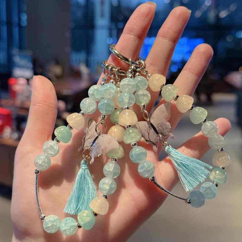 キーホルダー レディース 新チャイナ風 オリエンタル 民族風 蝶 バタフライ タッセル 琉璃ビーズ ガラスビーズ アクリル スマホストラップ 携帯ストラップ バッグチャーム 鞄アクセサリー エスニックグリーン 春夏