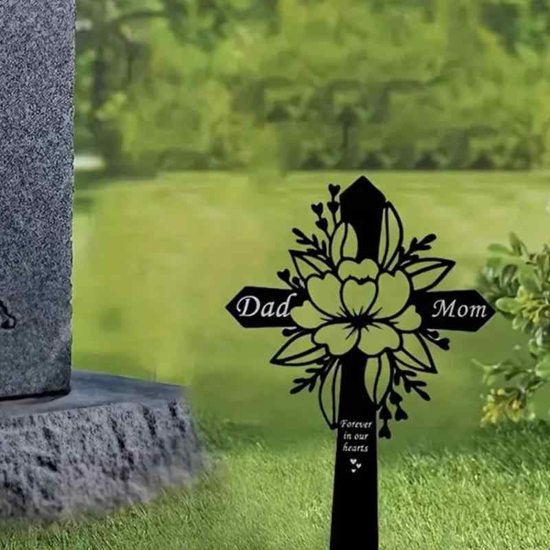 墓標 十字架 プレート 地中杭 ガーデンステーク ロートアイアン 鉄製 彫刻 屋外 追悼 記念 両親 墓前 ..