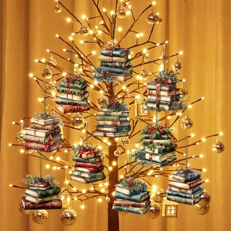 壁掛け インテリア雑貨 木製 ブックスタック オブジェ 素朴 カントリー レトロ クリスマス フェイクグリーン 部屋 リビング 玄関 ウォールデコレーション