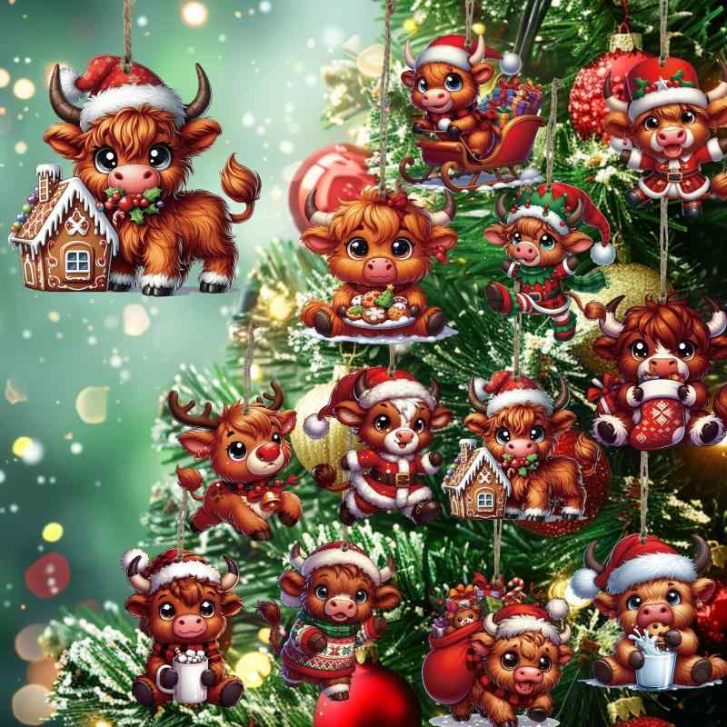 オーナメント クリスマス 木製 ウッド かわいい ハイランド牛 アニマル 動物 ツリーデコレーション 吊り下げ飾り アメリカンスタイル インテリア雑貨 パーティー装飾 おしゃれ ギフト プレゼント