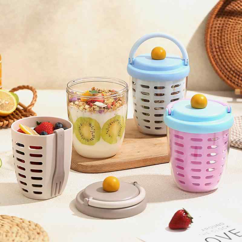 サラダカップ 携帯用 フルーツ サラダ オートミール 軽食 水切りフォーク付き 密閉 ランチボックス フ..