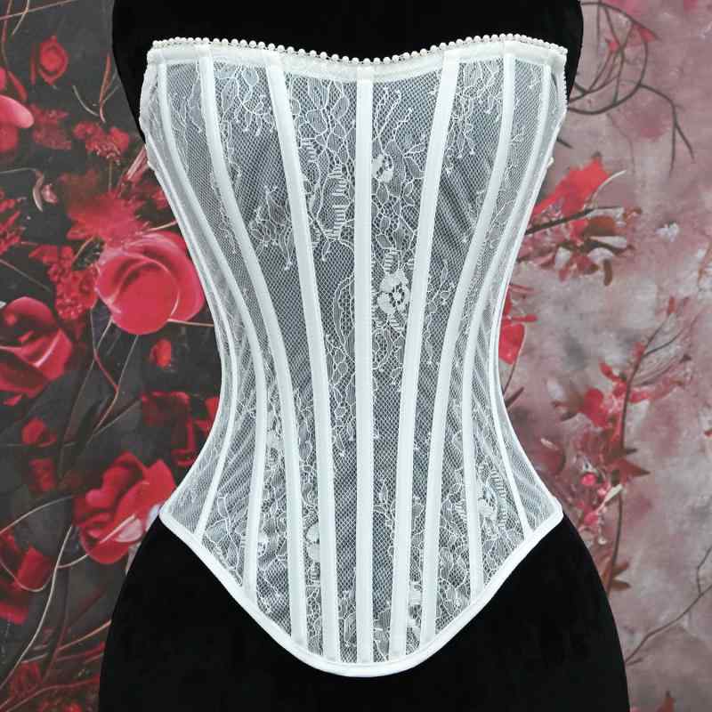 Body Suit - ビスチェ レディース レトロ ヴィンテージ レース 刺繡 パール ナイロン ボーン入り 薄手 ドレスインナー フォーマル パーティー ウエストコルセット 補正下着 スタイルアップ 細見え 白 通年
