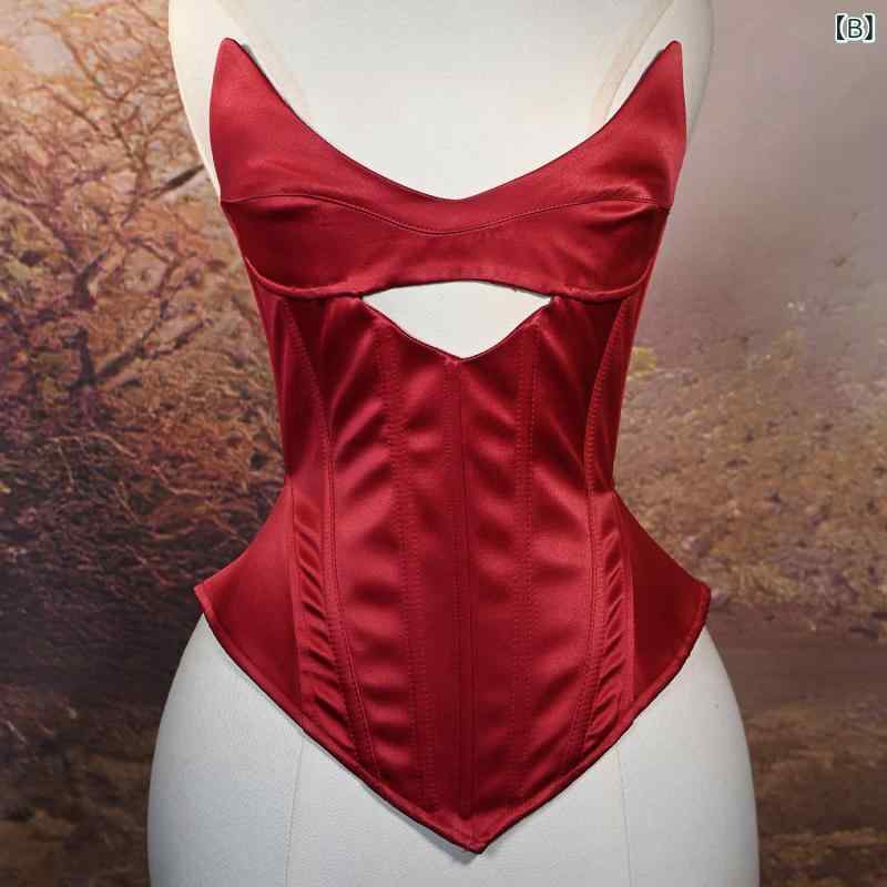 ビスチェ レディース 欧米風 トレンド ファッション セクシー 深Vネック カットアウト バックリボン ウエストシェイプ スリムフィット サテン パーティー トップス ブラック レッド ベージュ way-ugo-10450544 way-ugo サンプル画像3