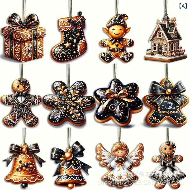 クリスマスオーナメント ジンジャーブレッドマン柄 ブラック ゴールド 木製 ウッド ホームパーティー ..