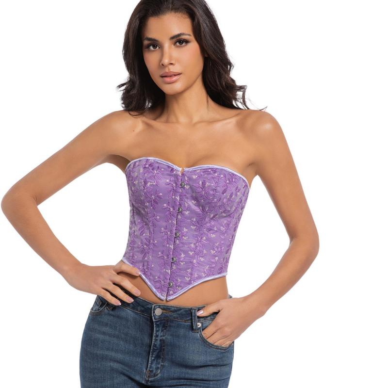 ビスチェ レディース 紫 パープル 花柄 フラワー チューブトップ ベアトップ 魚骨 ボーン入り 補正下着..