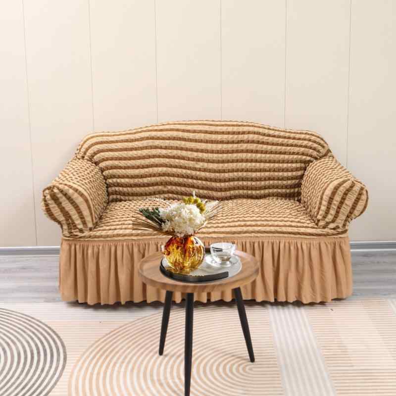 ソファカバー 切り替え バイカラー 裾フリル シアサッカー生地 フルカバー 全面保護 伸縮性 ストレッチ 防塵 ホコリよけ 滑り止め ずれ防止 ポリエステル製 シンプル 模様替え 汚れ防止 シングル ダブル トリプル L字対応