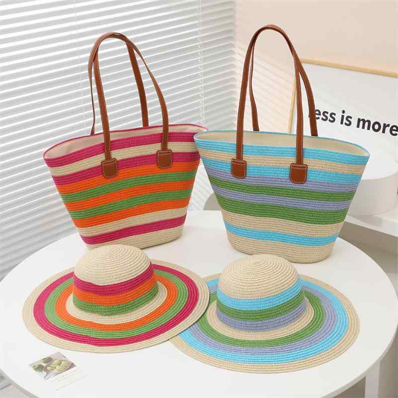麦わら帽子 レディース ストライプ カゴバッグ セット 大容量 UVカット 日よけ つば広ハット おしゃれ ..