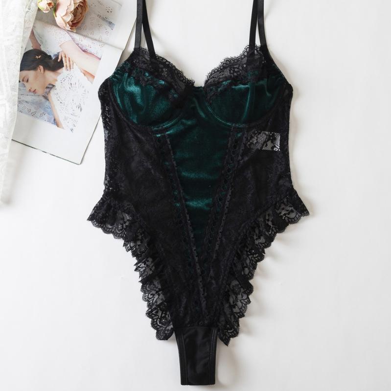ボディスーツ レディース セクシー レース切り替え ストラップ ベロア ポリエステル素材 谷間メイク バストアップ 補正下着 薄手 ワイヤー入り ダークグリーン 大人女子 ギャル系ファッション インナー アウター 重ね着 ナイトウェア ルームウェア パー