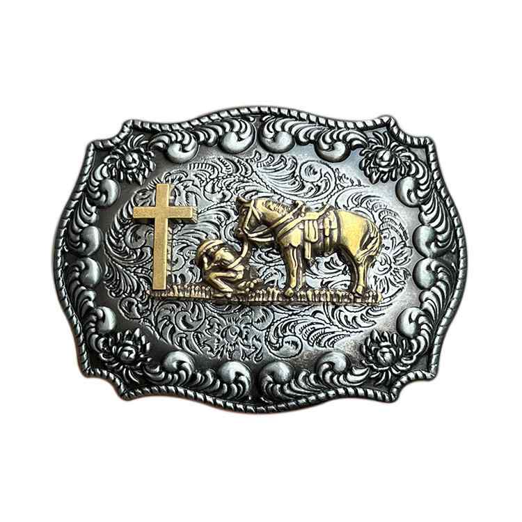 ベルトバックル 男性用 メンズ 亜鉛合金製 ウェスタン カウボーイ ホースモチーフ クロスデザイン プレートバックル カジュアル アメカジファッション アクセサリー 重厚感(x2)