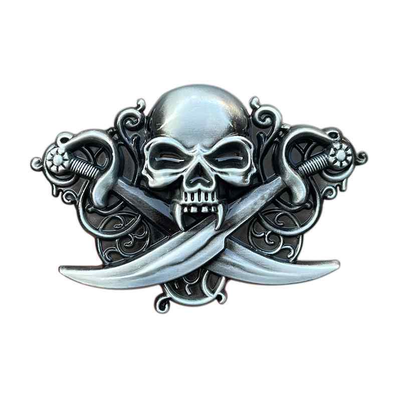 ベルトバックル 男性用 亜鉛合金 スムースバックル スカルヘッド ダブルナイフ ドクロモチーフ ウエス..