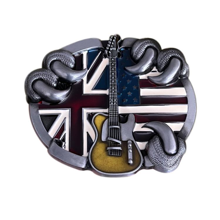ベルトバックル メンズ 男性用 亜鉛合金製 ユニオンジャック 英国旗デザイン ギター 音楽モチーフ ミュ..