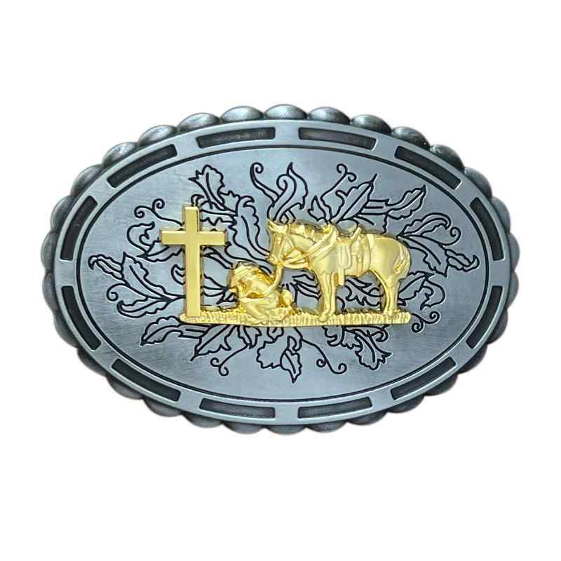 ベルトバックル 男性用 亜鉛合金製 ホースモチーフ 祈りの十字架 クロスデザイン ウェスタン調 カウボーイスタイル アメカジ バイカー ..