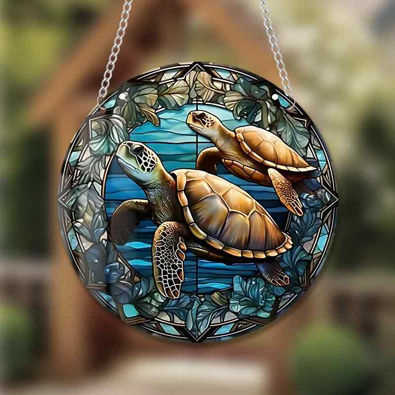 ウォールデコレーション レトロ ヴィンテージ カラフル ウミガメ アクリル 丸型 チェーン 吊り下げ 玄関 壁飾り リビング 部屋 南国風 おしゃれ かわいい インテリア オーナメント(x2)