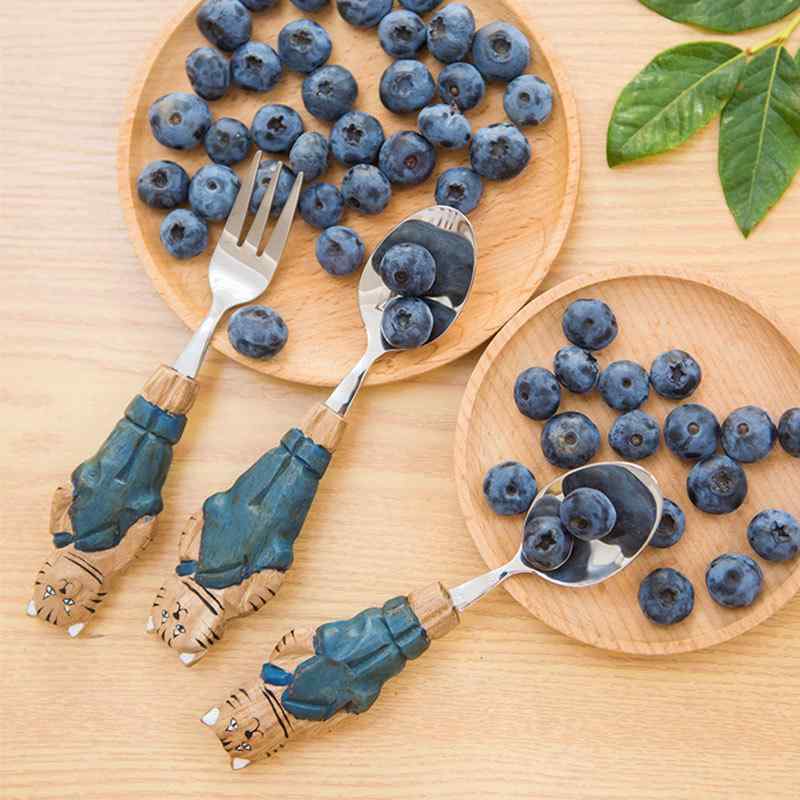 カトラリー 子供用 天然木 木彫り スプーン フォーク セット クマ 猫 フルーツ デザート かわいい シナ..