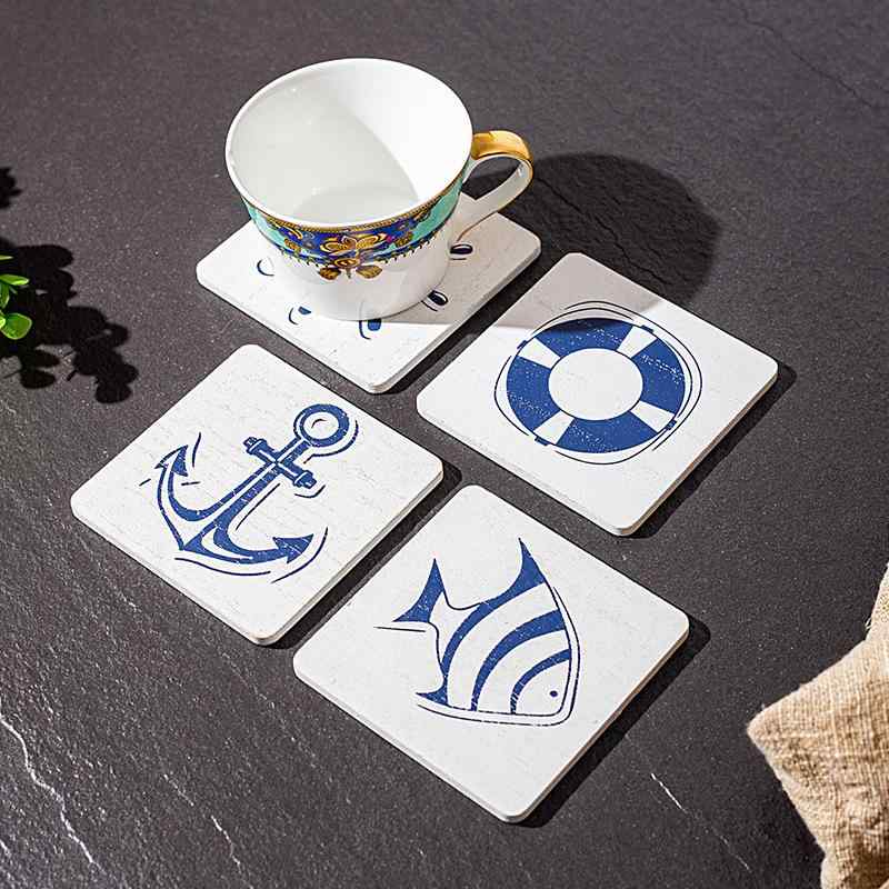 コースター 地中海スタイル 無垢材 パイン材 断熱 マリンデザイン カップ敷き 茶托 茶器 コーヒー 卓上 リビング ダイニング 4枚セット