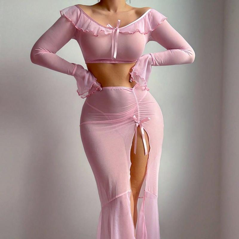 レディース ランジェリー 長袖 メッシュ シースルー ブラジャー セクシー 上下セット 透け感 魅惑的 スタイルアップ ナイトウェア ルームウェア ポリエステル素材 ピンク パープル 春夏