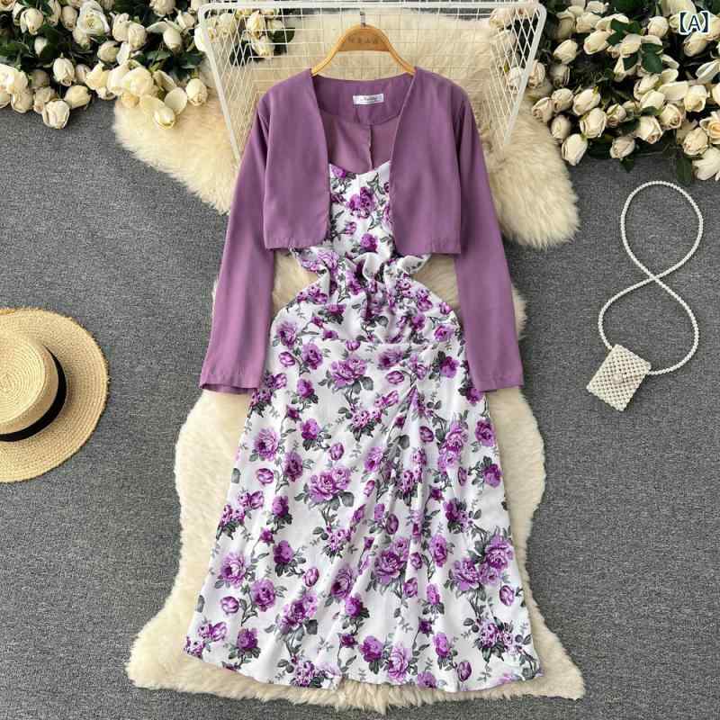 ワンピース レディース 春夏 リゾート 海辺 小花柄 スリット キャミソールドレス ミモレ丈 長袖 カーディガン 日焼け対策 シフォン 2点セット