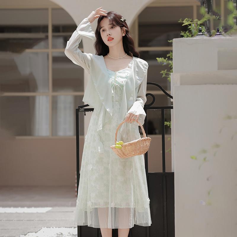 セットアップ レディース 夏 ミントグリーン 小花柄 シフォン キャミソールワンピース カーディガン 2..