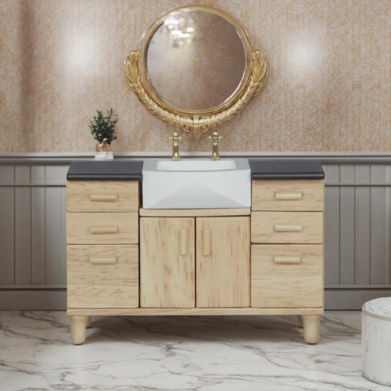 ドールハウス 1/12スケール ミニチュア家具 サニタリー バスルーム 手洗い 流し台 オーク材 木製 天然木 ウッドカラー モダン シンプル スタイリッシュ ディスプレイ 置物 インテリア雑貨