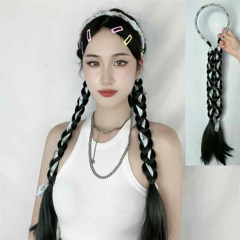 ウィッグ レディース ポニーテール ブレード 一体型 リボン カチューシャ ヘアアレンジ 付け毛 黒色 高..