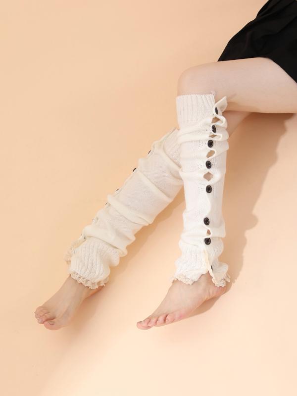 ルーズソックス レディース JK 学生 ロング丈 くしゅくしゅ ニット ボタンデザイン 厚手 無地 保温 防..