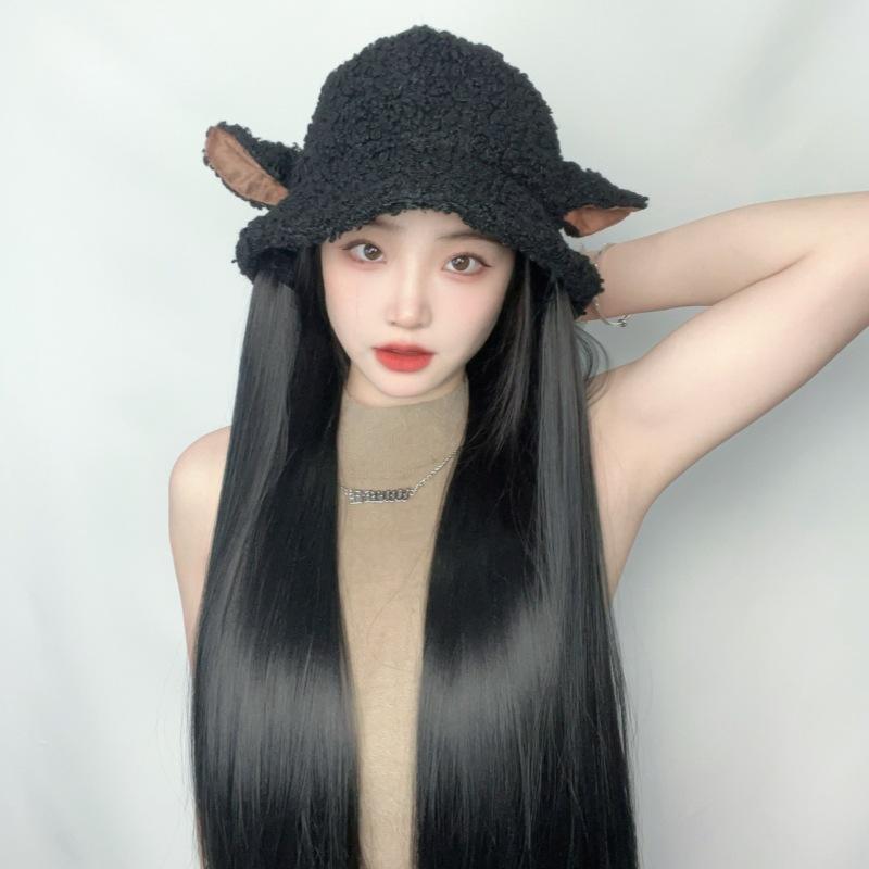 ウィッグ レディース 帽子付き バケットハット ひつじデザイン 黒 ロングストレート 一体型 かつら 耐熱ファイバー 小顔効果 普段使い おしゃれ イメチェン