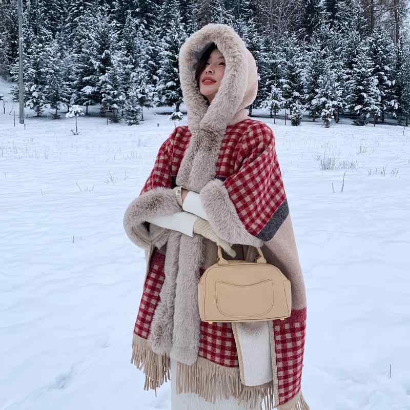 ポンチョ レディース フリンジ 厚手 裏起毛 チェック柄 レトロ フェイクファー襟 フード付き ショール ポリエステル 保温 防寒 秋冬