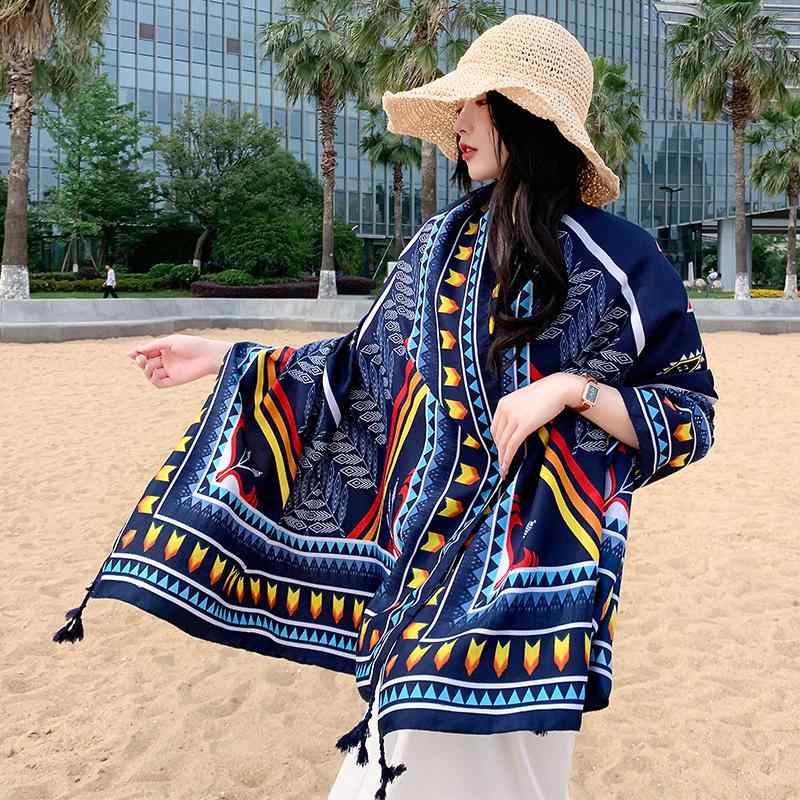 ポンチョ レディース 春夏 民族風 レトロ フリンジ UVカット 綾織り綿素材 菱形 幾何学模様 カラフル ..