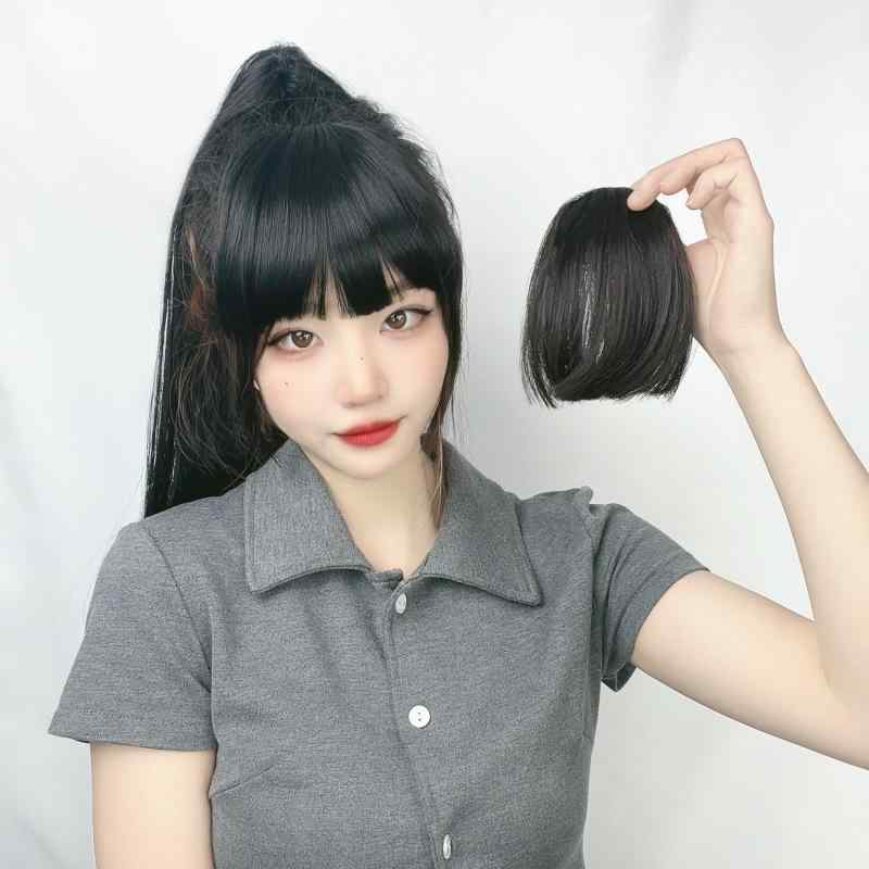 前髪ウィッグ レディース 韓国風 ナチュラルストレート ぱっつん 耐熱ファイバー ヘアエクステ 簡単装着 ブラック ダークブラウン ライトブラウン