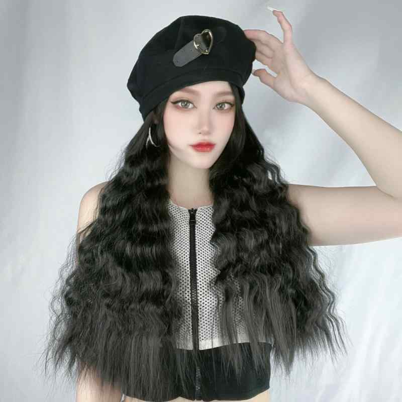 ウィッグ レディース 帽子付き フルウィッグ ふんわりロング 羊毛カール ベレー帽 秋冬 耐熱ファイバー ブラック ブラウン系 印象チェンジ 普段使い