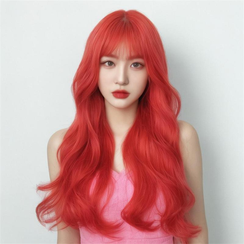 ウィッグ フルウィッグ レディース 女性用 ロング 大波ウェーブ シースルーバング 前髪 耐熱ファイバー おしゃれ 普段使い イメージチェンジ コスプレ 鮮やかレッド