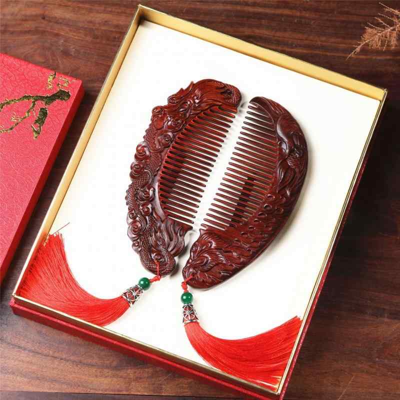木櫛 紫檀 シタン 天然木製 龍鳳呈祥 縁起物 開運 高級感 静電気防止 頭皮マッサージ ヘアケア スタイリング 髪のお手入れ コーム 美髪ケア
