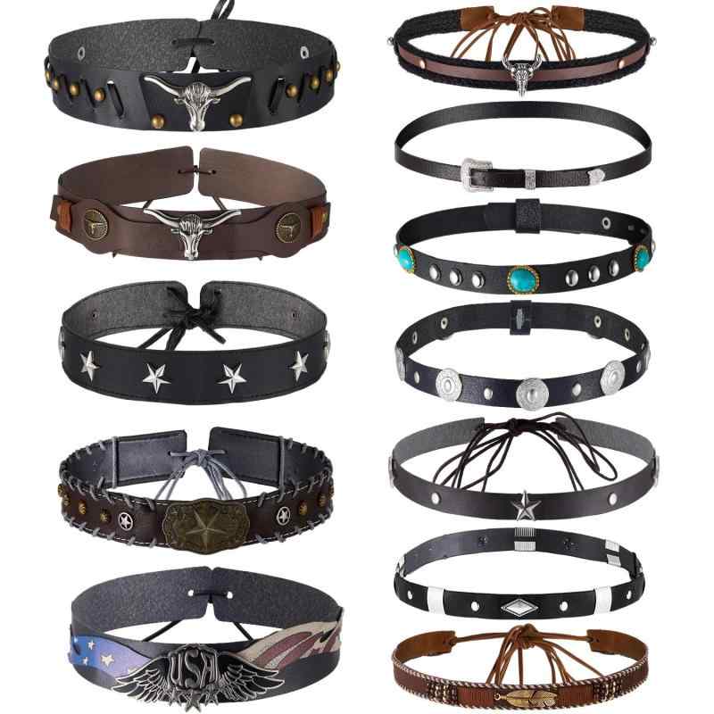 アクセサリーベルト 男女兼用 合金 牛モチーフ レザー 革 刺繍 編み込み 飾り帯 カウボーイハット スト..