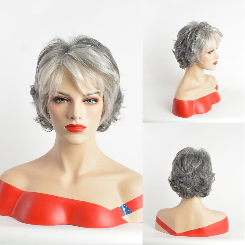 ウィッグ レディース ショートカール 自然な見た目 マシンメイド 耐熱合成繊維 欧米風スタイル アッシュグレー ブラウン 普段使い デイリーユース 小顔効果 前髪自由 万能タイプ