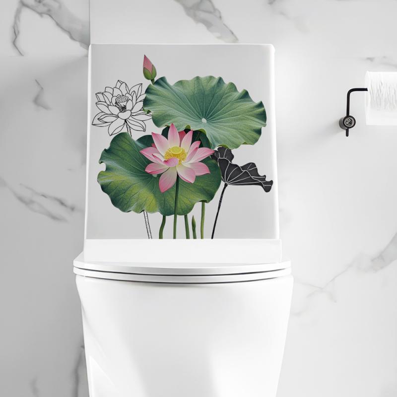 ウォールステッカー 浴室 トイレ用 PVC 防水 防カビ 防汚 貼ってはがせる ハスの葉 ハスの花 植物柄 花..