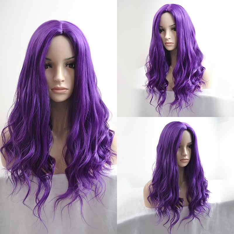 ウィッグ レディース 欧米スタイル ロングカール センター分け ディープパープル 濃紫色 高耐熱ファイバー 自然なつむじ フルウィッグ リアル人工毛 普段使い イメチェン
