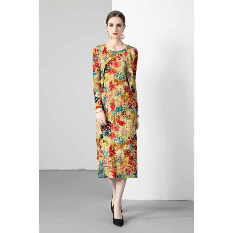 アンサンブル レディース 花柄 縦プリーツ ロングワンピース カーディガン インナー 3点セット スタイルアップ カントリー調 ポリエス..