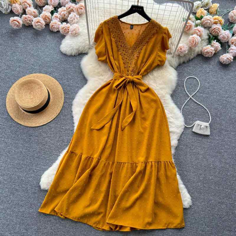 ワンピース レディース 女性用 シフォン レース Vネック ハイウエスト Aライン ミディ丈 スリムフィット フリル 裾フリル リゾート 個性的 エレガント レトロ お出かけ 夏