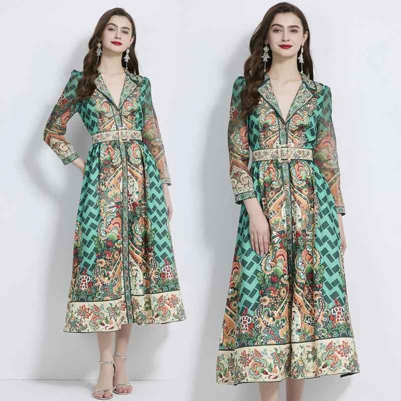 ワンピース レディース レトロ リゾート バカンス テーラードカラー 総柄 長袖 ウエストマーク ウエストシェイプ 裾フリル フレア リネン ロング丈 グリーン 春夏 お出かけ きれいめ