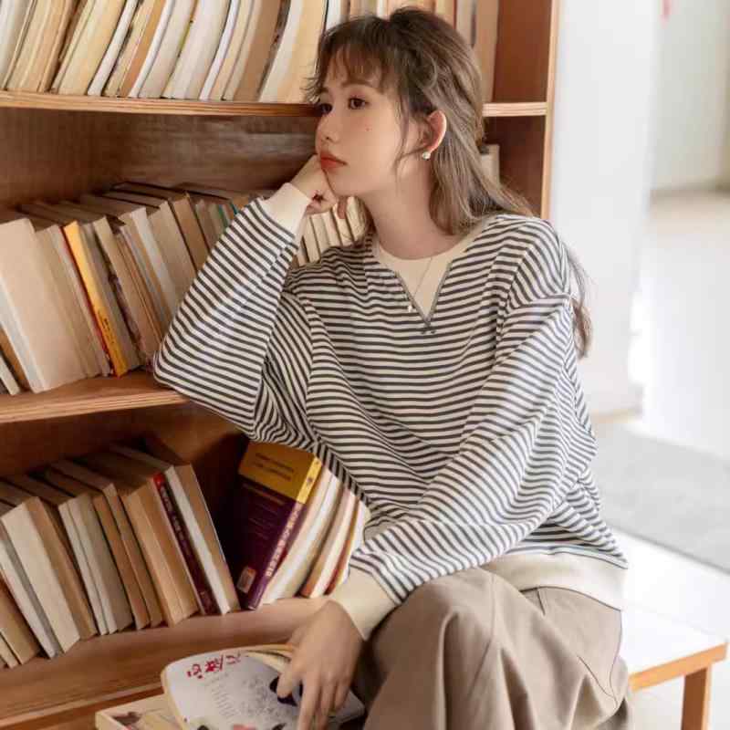 スウェット レディース 秋冬 カジュアル グレージュ ストライプ 切り替えデザイン オーバーサイズ ビッ..