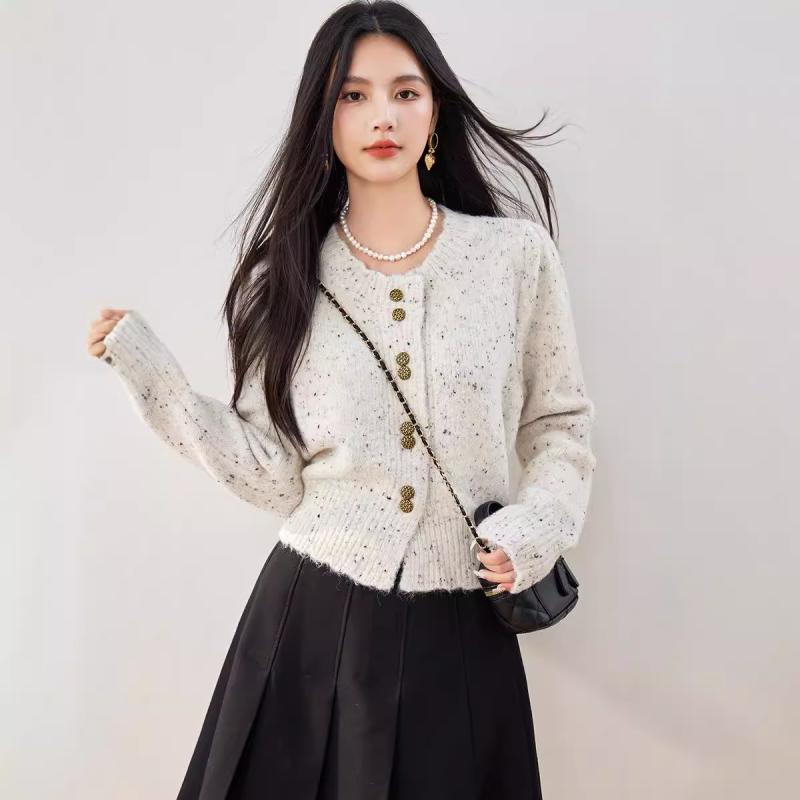 カーディガン レディース 秋冬 アルパカニット ドット模様 ショート丈 クルーネック 丸首 ゆったり オ..