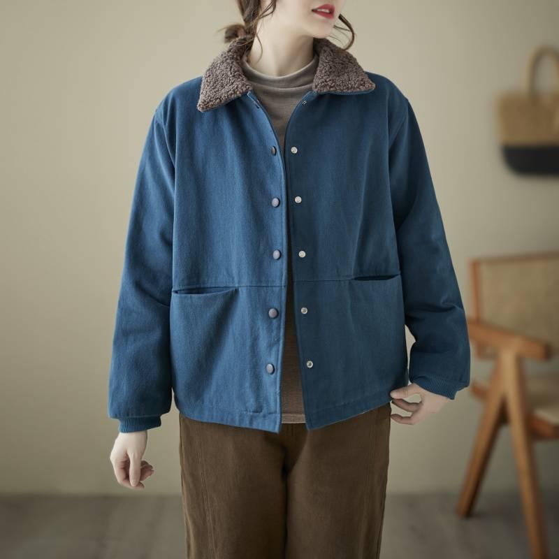 中綿ジャケット レディース レトロ 丸襟 ショート丈 裏ボア 厚手 防寒 保温 ボタン ポケット付き 無地 秋冬 カジュアル きれいめ 通勤 アウター 黒 赤 緑 ブルー