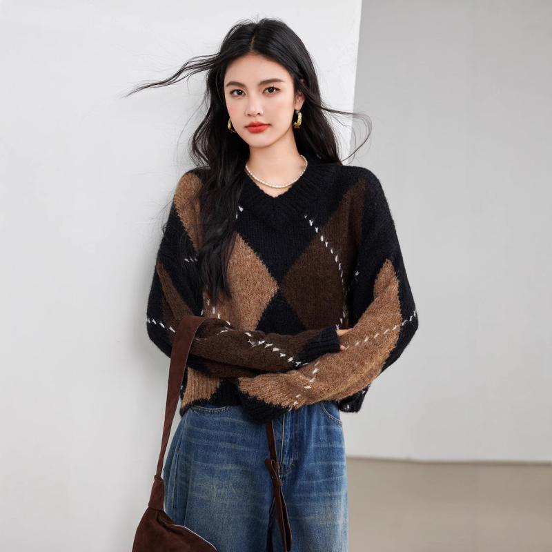 ニット レディース 秋冬 韓国風 レトロ 菱形柄 アーガイル調 プルオーバー セーター クルーネック 丸首 厚手 ゆったり オーバーサイズ パイピングデザイン ...