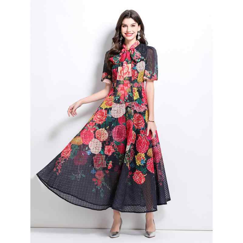 ワンピース レディース 春夏 リゾート カジュアル ストリート系 油絵風 花柄 パフスリーブ ミディ丈 ロング丈 シフォン フレア 裾フリル ラウンドネック Uネック 半袖 ショートスリーブ ハイウエスト プルオーバー ブラック デイリーユース 普段使い