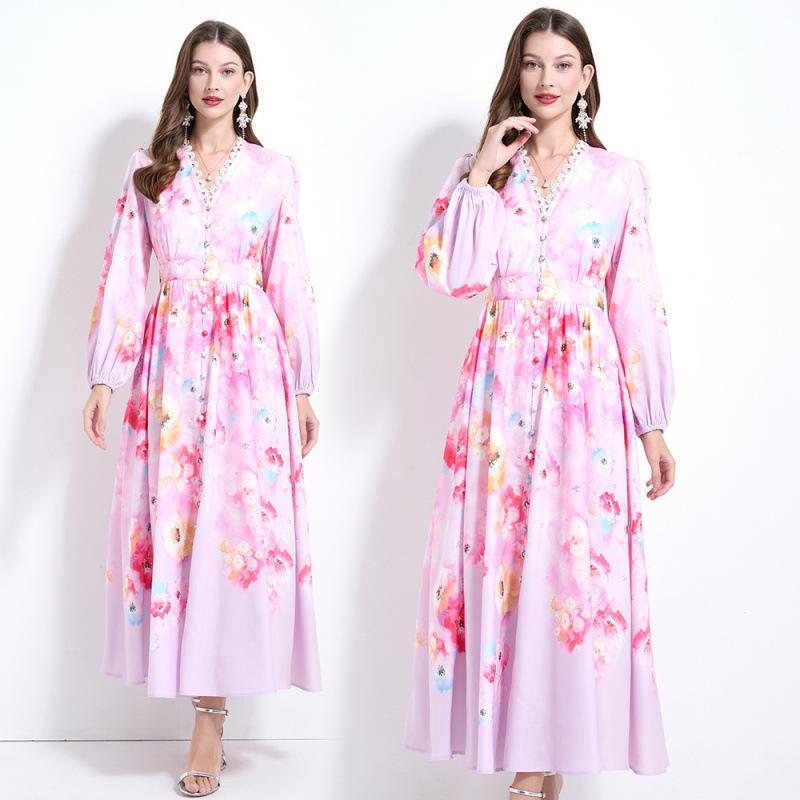 ワンピース レディース 春夏 Vネック レース 花柄 フラワー ランタンスリーブ ボリューム袖 長袖 ウエストマーク スタイルアップ 裾フリル ミディ丈 リネンドレス カジュアル フェミニン